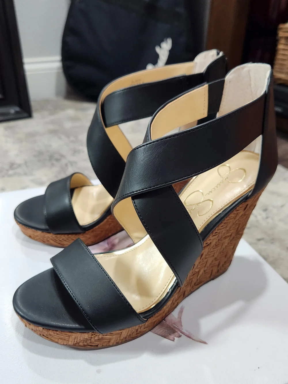 Black Wedge Sandals with Crisscross Straps - Jessica Simpson